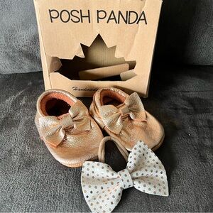 Posh Panda Rose Gold Baby Slipper with Bow & Matching Headband